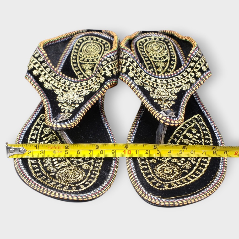 Italian Black Gold Embroidered Wedge Thong Sandals Womens Size 7-7.5 Ethnic - Picture 10 of 12